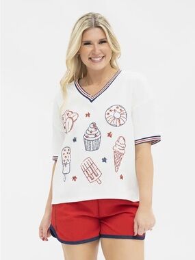 Sequin USA America White V-Neck Top